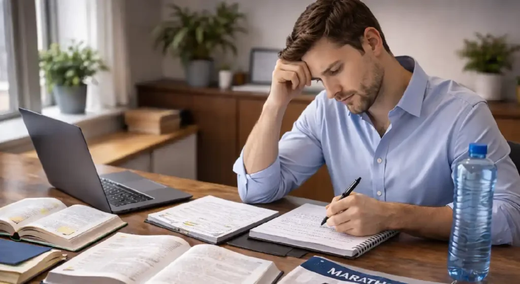 A focused professional at a desk surrounded by study materials and a marathon bib, symbolizing mental and physical endurance training.